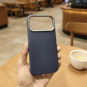 Leather Texture Metal Button Magnetic Magsafe Case for iPhone 16 Pro Max, Navy Blue