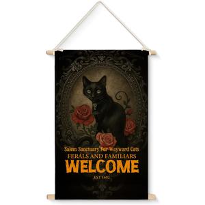 XIPLUM Vintage Halloween Black Cat Wall Art Retro Spooky Cat Lover Wall Decor Halloween Welcome Sign Poster Hanging Pictures Artwork for Home Decor, 12x16 Inches