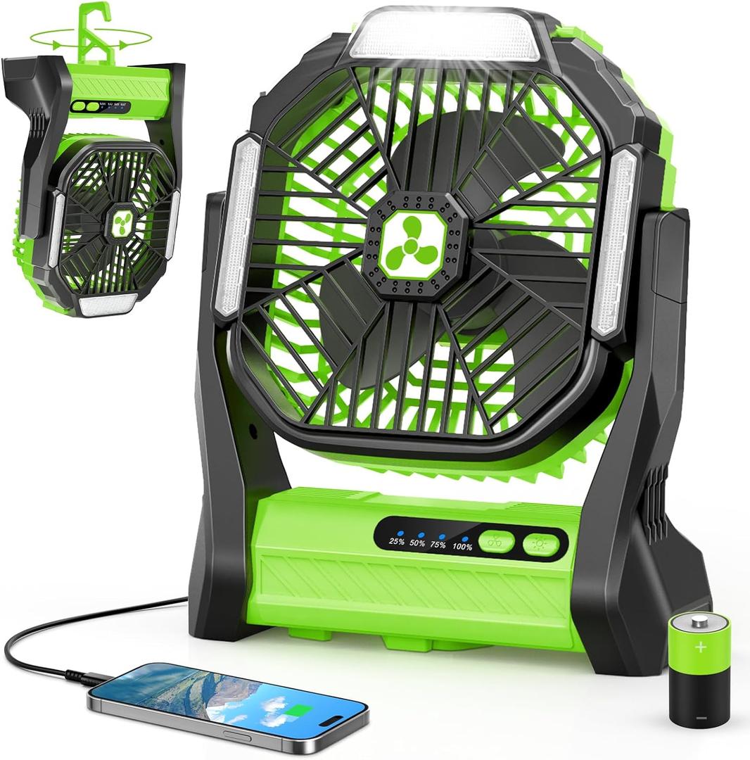 Portable Rechargeable Fan, 20000mAh Cordless Battery Powered Camping Tent Fans with SOS & LED Lantern, Small USB C Operated Outdoor Ventilador for Travel Camp Fishing Bedroom Power Outage Emergency (Large, Neon Green)