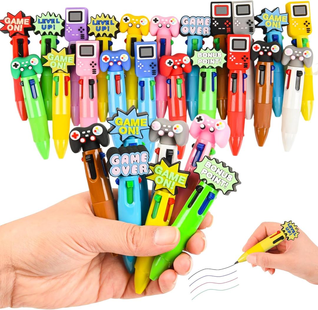 LiYiQ 25 Pcs Video Game Colorful Multicolor Pen in One Cartoon Cute Fun 4-in-1 Cute Pens Bulk Kawaii Game Handle Level Up Games Console Shape Cool Ballpoint Pens for Kids Fun Gifts