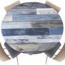 Fitted Tablecloth for Round Table, Vintage Blue Wood Grain Table Cover with Elastic Edge Waterproof Table Cloth, Farmhouse Abstract Brown Wooden Circle Table Covers for Kitchen Outdoor Picnic Party (Blue White Slategray), 44" (Round)