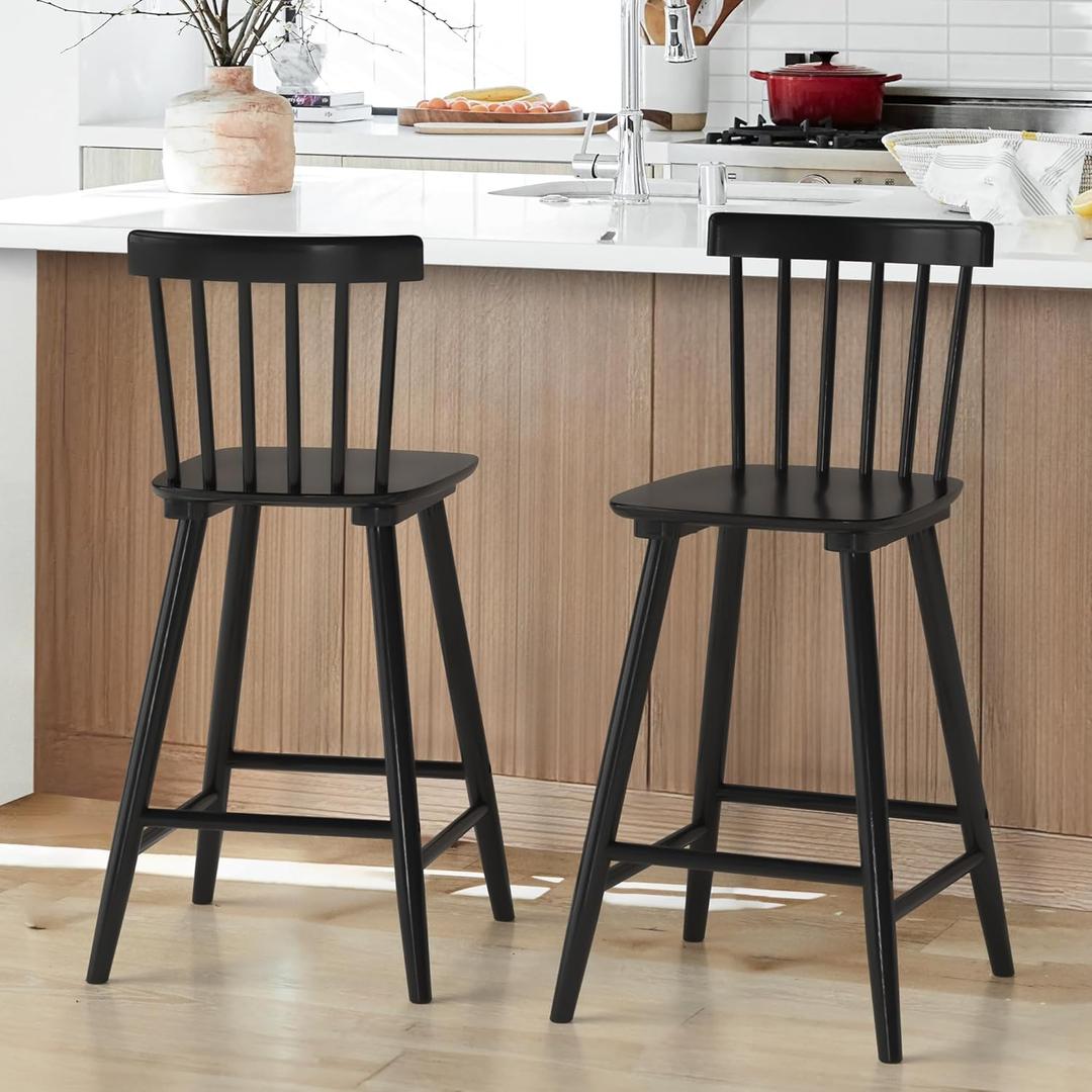 LUE BONA Windsor Wooden Bar Stools Set of 2 for Kitchen Island, Farmhouse 24 Inch Counter Height Stools Chairs with Spindle Back, Black
