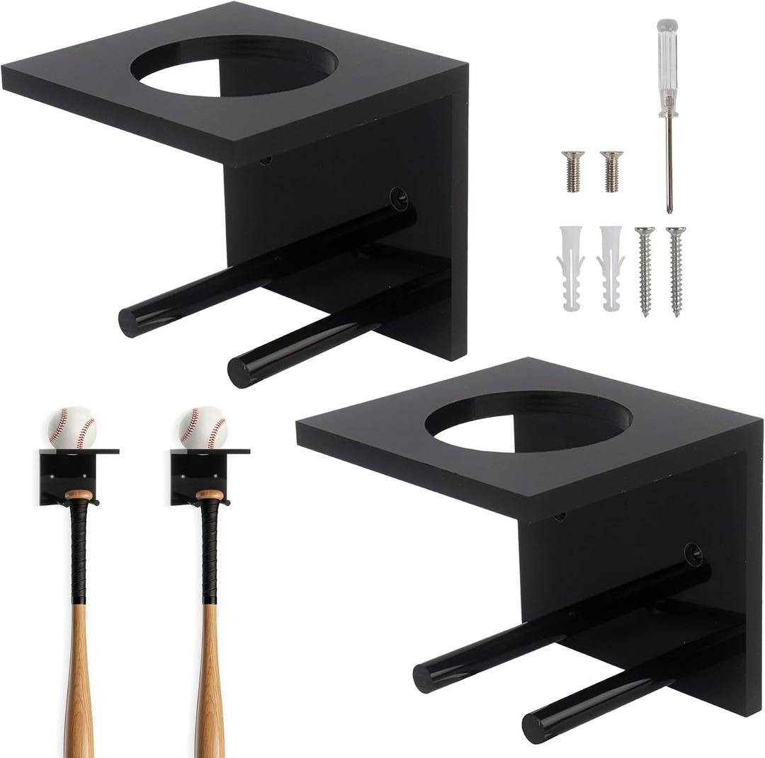 2 Pack Baseball Bat Wall Mount, Acrylic Baseball Bat Holder, Baseball Bats Rack for Lacrosse Hockey Softball Stick, Black, 4.0x3.7x3.7inch