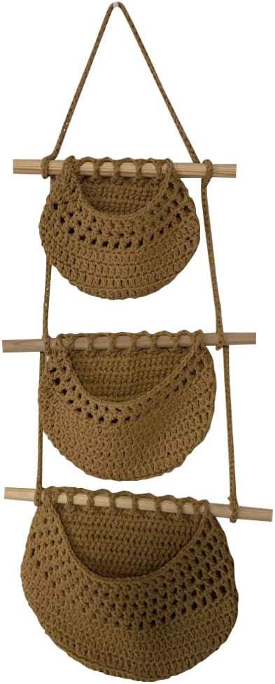 Hanging Fruit Basket,3-Tier Hand-Woven Cotton Rope Wall Basket,Macrame Hanging Produce Basket for Fruit & Vegetable Storage Hanger Over the Door Organizer Boho Basket Decor,Hemp Color