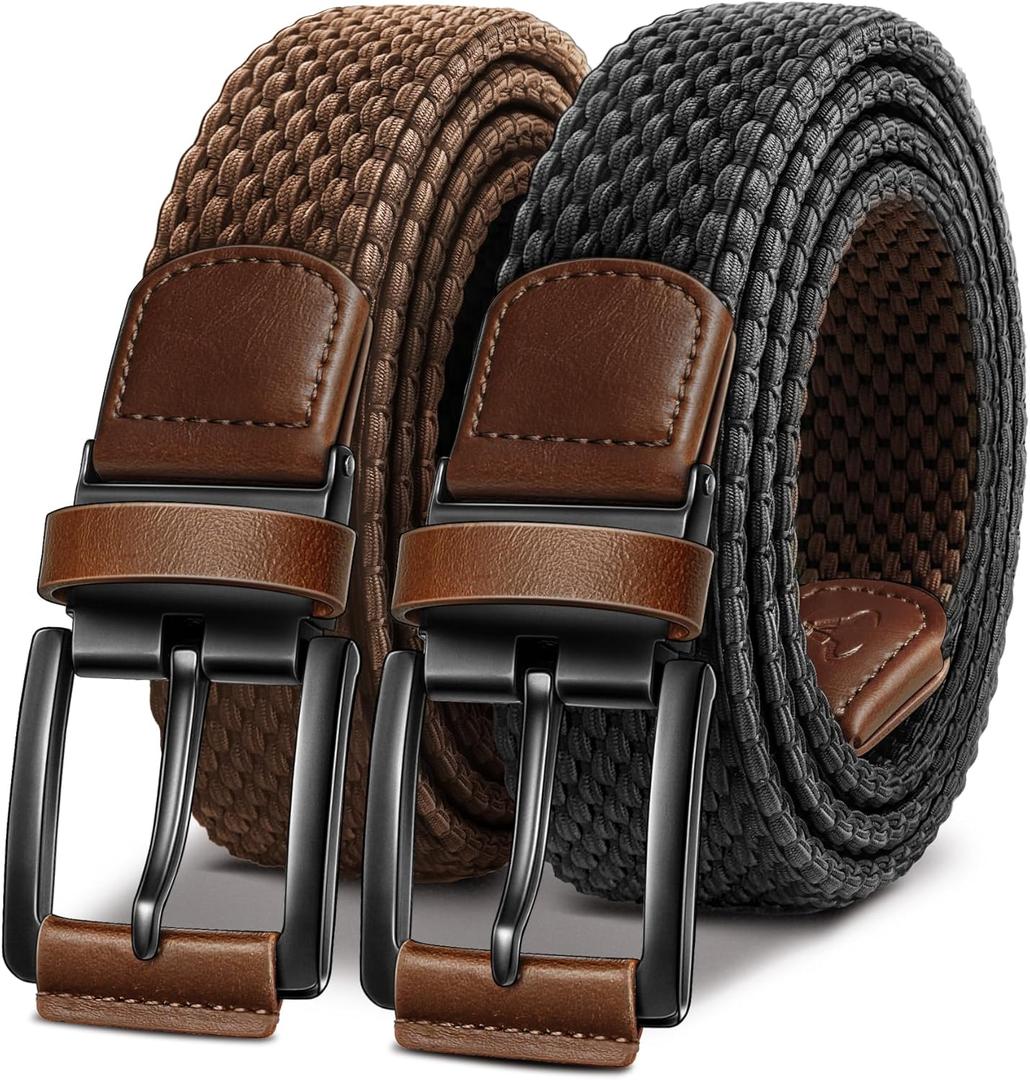 BULLIANT Men Belt Rerversible Golf Belt Stretch Braided for Gift Men 1 3/8"-2 In 1 Belt (42"-46"Waist Adjustable, Black/Light Brown4164)