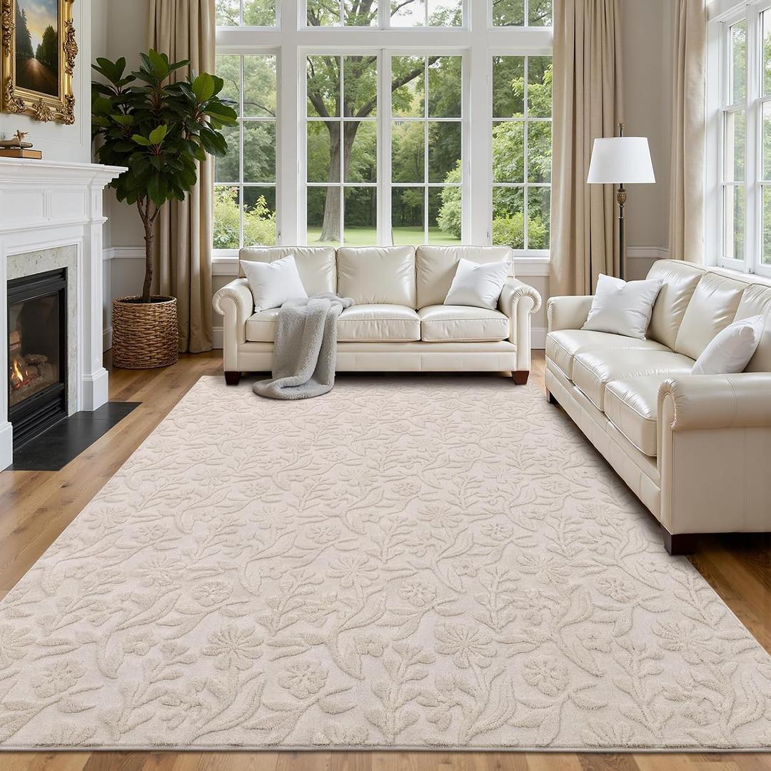 6x9 Area Rug for Living Room, Beige Throw Carpet for Bedroom | Soft Fluffy Washable Modern Floral Indoor Floor Mat, Non Slip Shaggy Boho Nursery Rug for Dining Room, Office and Dorm