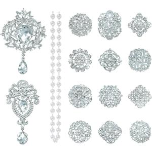 Yhsheen Rhinestone Brooches Crystal Brooch Pins, Pearl Crystal Wedding Bouquet kit Set (Silver, Set of 14)