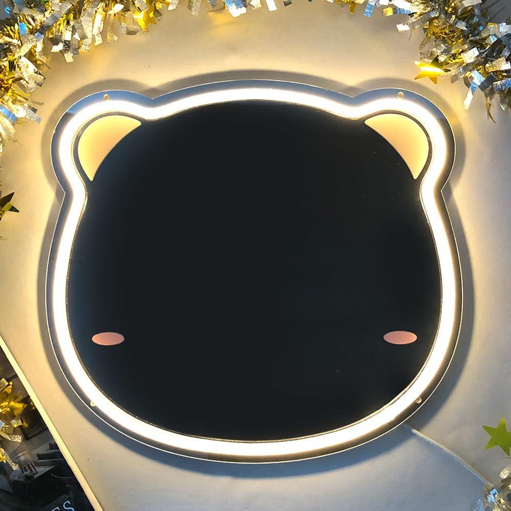 Bear Neon Sign Wall Mirror - Dimmable Shatterproof Lightweight Mirror with LED Lights for Bedroom, Kids Room & Vanity Makeup, Cute Bear Shape Wall Decor, Birthday Gift (13.4x14.5 Inch)