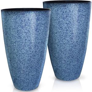 2 Pcs Pack 21 Inches Plastic Resin Tall Tapered Planter Pots Large Round Planter Flower Pot with Drainage Holes for Indoor Outdoor Deck Porch Garden Home Patio Front Door (Blue, L)