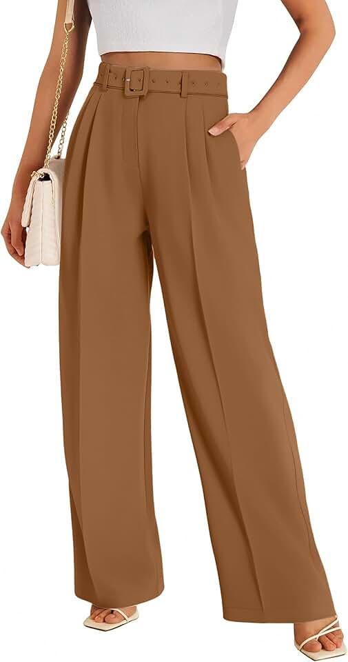 FUNYYZO Women Dress Office Pant High Waist Wide Leg Slacks Business Work Casual Long Belted Trousers 2026, XS
