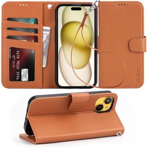 Arae Compatible with iPhone 15 Case with Card Holder and Wrist Strap Wallet Flip Cover for iPhone 15 6.1 inch Men RFID Blocking Wristlet Kickstand,Light Brown