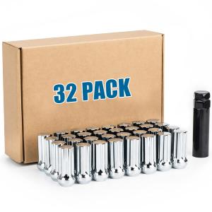 JiiinMiiin 32pcs M14x2.0 Lug Nuts Chrome with 7 Spline Tuner, 14x2 Locking Lugnut 2 inch Length with 1 Socket Key, 60 Degree Conical/Cone Bulge Seat Closed End.