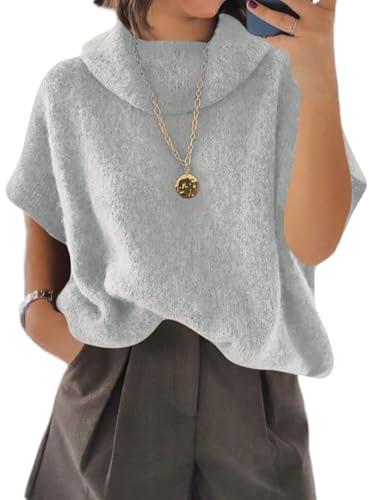 Cicy Bell Womens Oversized Turtleneck Poncho Sweaters Short Batwing Sleeve Casual Slouchy Loose Fit Chunky Knit Pullover Tops, Grey, S