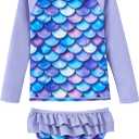 UMELOK Girls Rashguard Swimsuit Long Sleeve Bathing Suit Purple, Mermaid 10Y