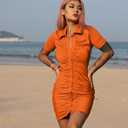 DAAWENXI Women's Sexy V Neck Ruched Button Down Clubwear Night Out Mini Club Dress (Orange, L)