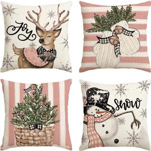 AVOIN colorlife Pink Christmas Snowman Reindeer Gloves Eucalyptus Throw Pillow Covers, 18 x 18 Inch Winter Holiday Stripes Cushion Case Decoration for Sofa Couch Set of 4