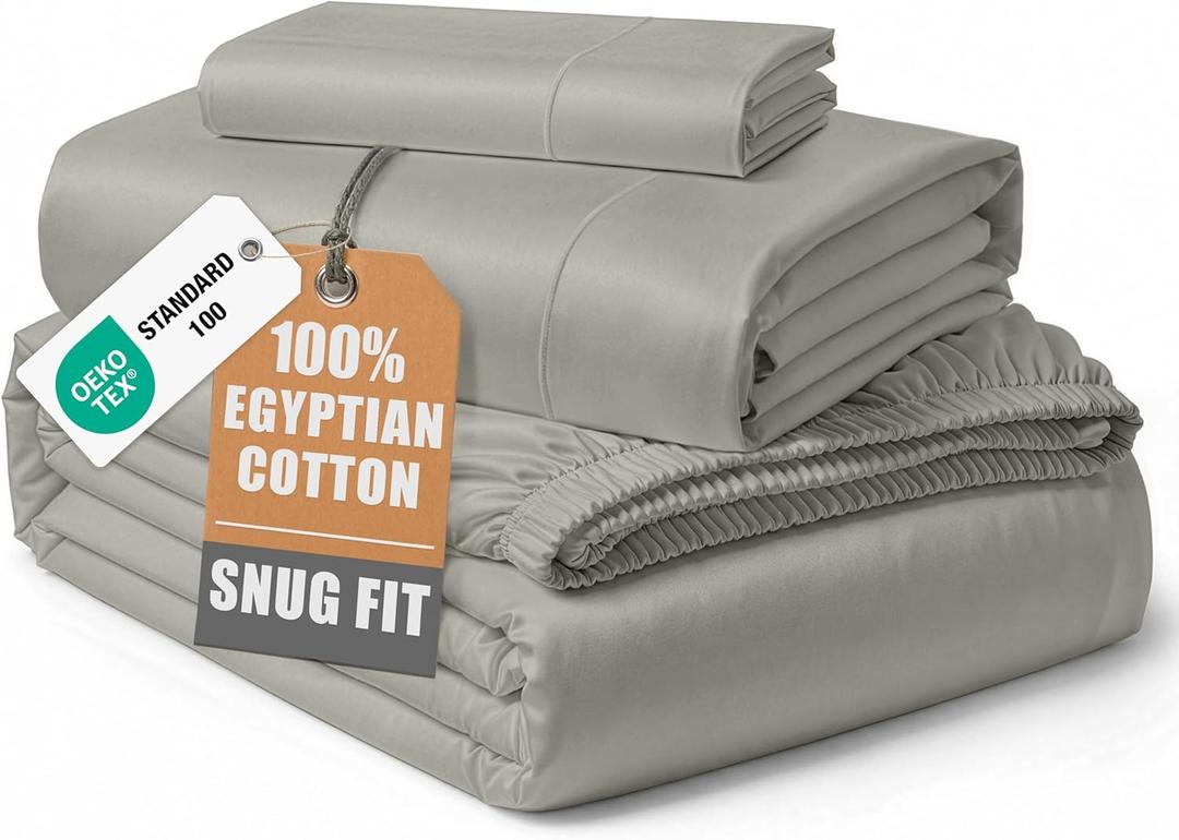 LANE LINEN 100% Egyptian Cotton Twin Sheets Set, Sustainably Produced Luxury Hotel Like Thick Twin Bed Sheets, Naturally Temperature Regulating Machine Washable Cotton Sheets - Silver
