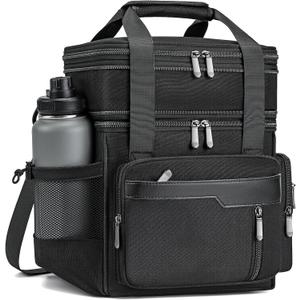 Insulated Lunch Box for Men, Double Deck Reusable Lunch Bag for Women, Leakproof Lunch Cooler Durable Waterproof Expandable - Lunchbox for Adult Work, Black,16L