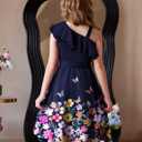 Arshiner Girls Summer Dress One Shoulder Formal Party Dresses with Pockets (Blue, S)