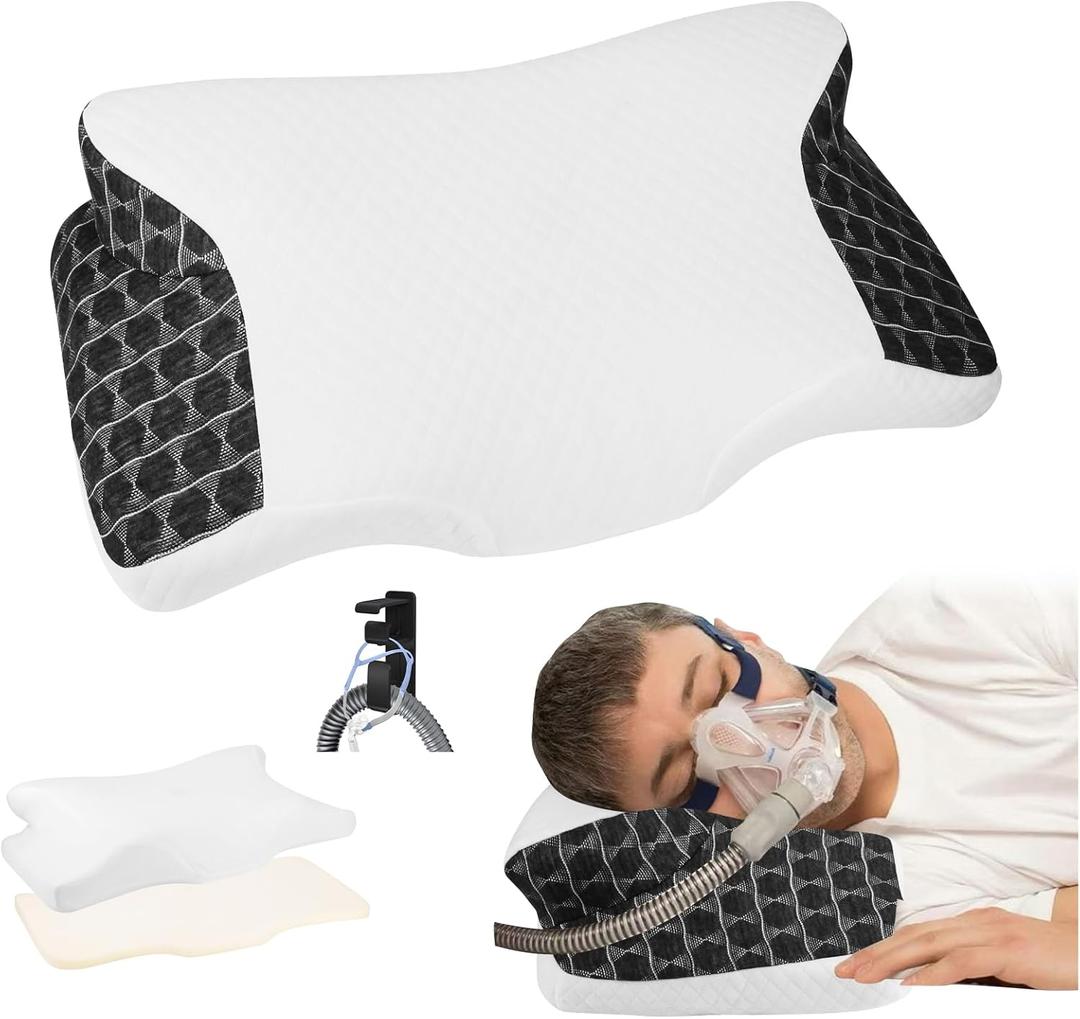 Cervical Neck CPAP Pillow for Side, Stomach, Back Sleepers to Neck Pain Relief - Ergonomic Adjustable Height Memory Foam Pillow for Neck Support - Include CPAP Hose Holder-Keep The Hose Off The Floor (Black)