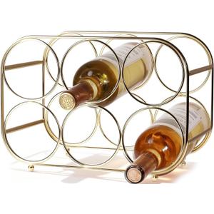 Countertop Wine Rack - 6 Bottle Freestanding Modern Gold Metal Small Wine Rack - Tabletop Wine Holder Stand for Cabinet, Pantry, Wine Bottle Storage