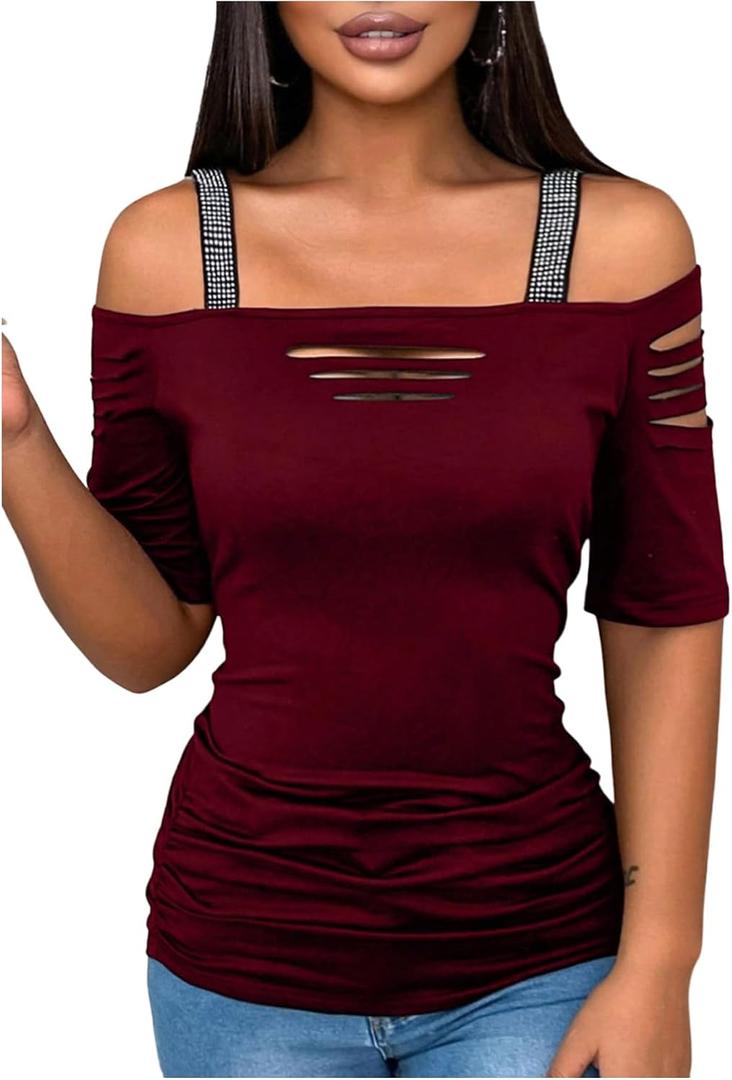 SHENHE Women's Rhinestone Strap Off Shoulder T Shirts Sexy Cut Out Short Sleeve Ruched Fitted Tees M