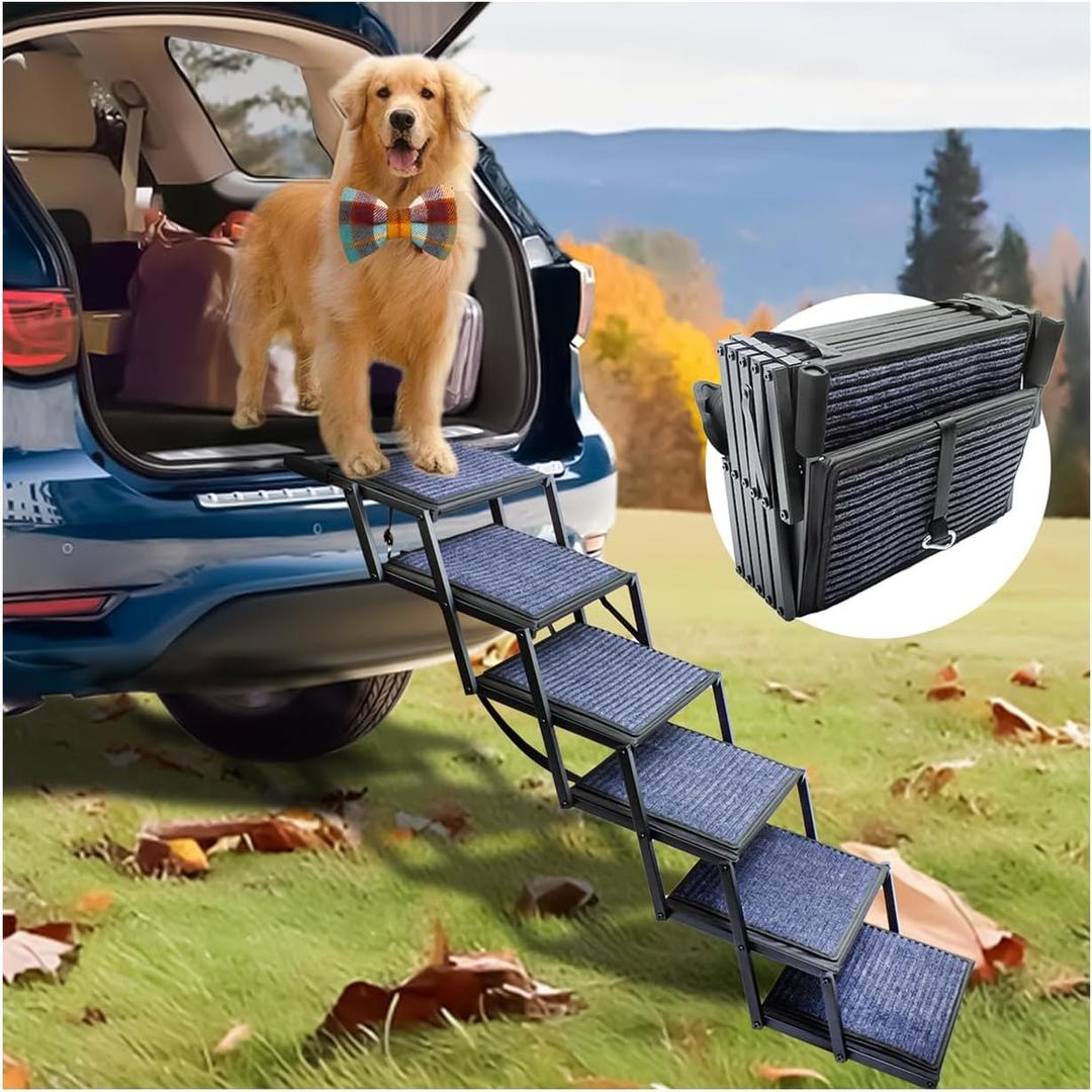 Dog Ramp for Car Truck and SUV Dog Stairs for Large Dogs Folding Pet Stairs with Non-Slip Rug Surface Supports Up to 250 lbs (6 Steps)