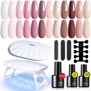 MEFA 19 Pcs Gel Nail Polish Kit with U V Light, 12 Colors All Seasons Nude Pink Milky White Soak Off Gel Polish Nail Set with Base Top Coat Essential Manicure Tools Beginners Salon Nails DIY Art