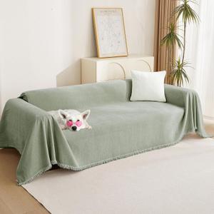 MYSKY HOME Couch Cover L Shape, Sectional Couch Covers, Couch Cover Blanket Furniture Protector for Pets, Sofa Covers Tassel Chenielle Sofa Slipcover Soft Throw Couch for Dogs,91"X150", Sage Green