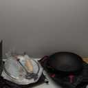 WANGYUANJI 8.7" Small Wrought Iron Wok with Wooden Lid, 2.1L Mini Stir-Fry Pan, Flat Bottom, Induction Compatible, Seasoning Required, Detachable Handle (Black)