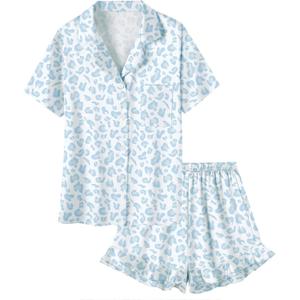 Umeyda Girls & Women Satin Pajamas Set Button Down 2 Piece Silk Pjs Shorts Set Ruffle Sleepwear, 5 Years-Women Large