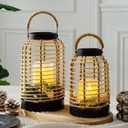 Handwoven Rattan Lantern Set, Metal Frame, Natural Boho Style, Patio Decorative Lanterns.