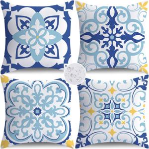 NIGHTWISH Outdoor Waterproof Pillow Covers 18x18 Set of 4 Blue Boho Decorative Outdoor Throw Pillows Floral Cushion Cases for Patio Furniture Bench Couch Sunbrella