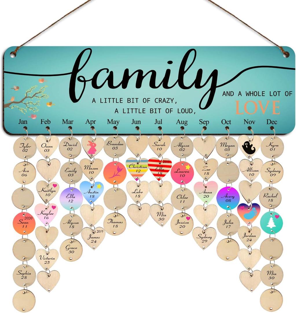 Birthday Gifts for Mom Grandma,Family Birthday Calendar Board Wall Hanging,Family Birthday Plaque with Tags,Mothers Day Gifts from Daughter Grandkids