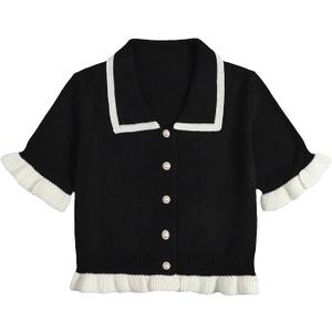 Women's Plus Size Contrast Trim Short Sleeve Lapel Collar Cardigan, Black, Large
