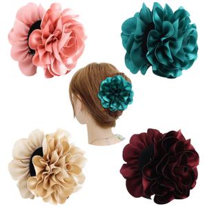 Dizila 4 Pack Black Plastic Hair Claws Clips with Big Large Solid Satin Flower Rose Bow Barrettes Clamps Bun Updo Holders Hair Accessories for Women Girls (Champagne, Pink, Green and Wine Red)