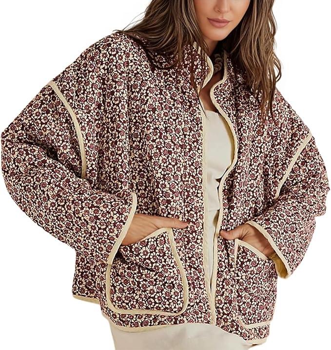 Omoone Women's Floral Quilted Cardigan Jacket, Short Length, Drop Shoulder, Batwing Sleeve, Multicolour, Padded Puffer, Cotton, Winter, Red Fall  Medium