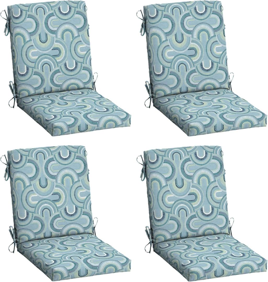 Arden 4-Pack Outdoor Patio Dining Chair Cushion, 20 x 44, Rain-Proof Seat Pad, Fade-Resistant Outdoor Cushion Coastal Blue Geometric