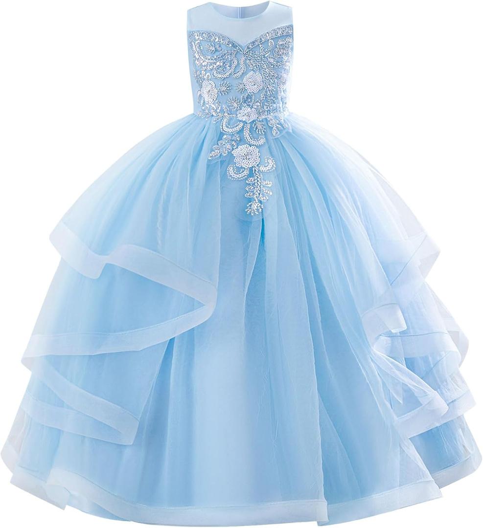 IDOPIP Sequin Flower Girl Dress for Wedding Pageant Tulle Ball Gown Prom Kids Princess Birthday Party Bridesmaid Maxi Dresses 11-12Y