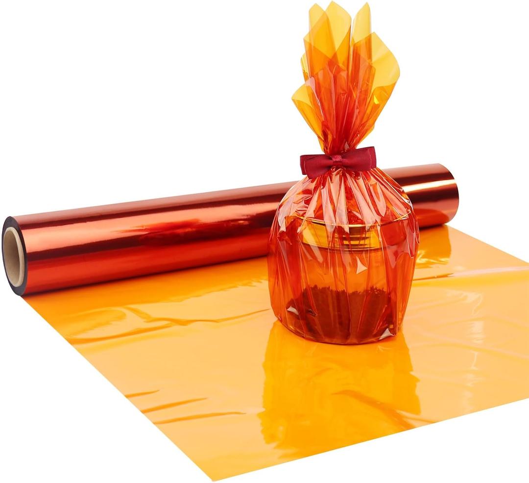 SYOGUA 100 ft x 17 in Orange Cellophane Wrap Roll, Translucent Cellophane Roll Orange for Gift Baskets, Colored Cellophane Paper Wrapping Plastic for DIY Crafts, Treats, Halloween Candies, Holiday Decoration