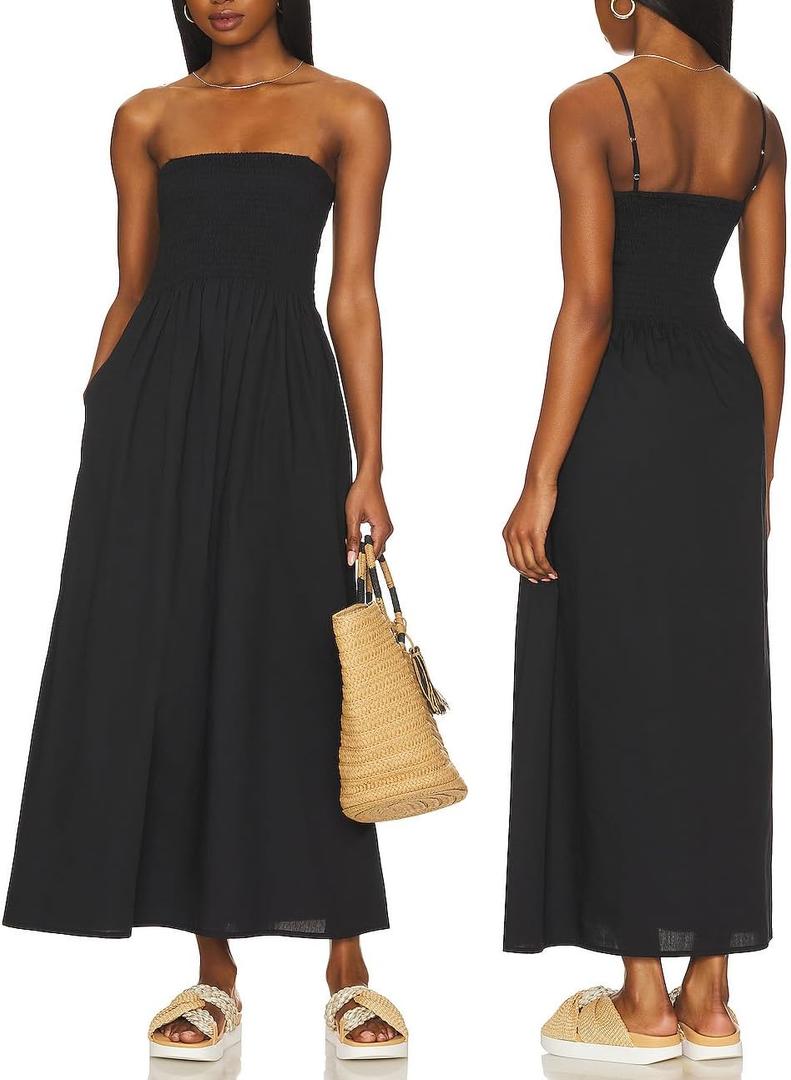 Aigeman Women Detachable Strap Dress Strapless Smocked Bodice Maxi Dress Pockets Long Swing Flowy Beach Sundress 373 (Black, L)