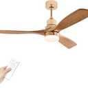 Modern Indoor Ceiling Fan with Light Remote Control,3 Solid Wood Blades,6 Speed DC Motor,22W Dual Color LED, Outdoor Ceiling Fan Chandelier for Living Room,Bedroom,Patio,Dining Room (Glossy Gold 48in)