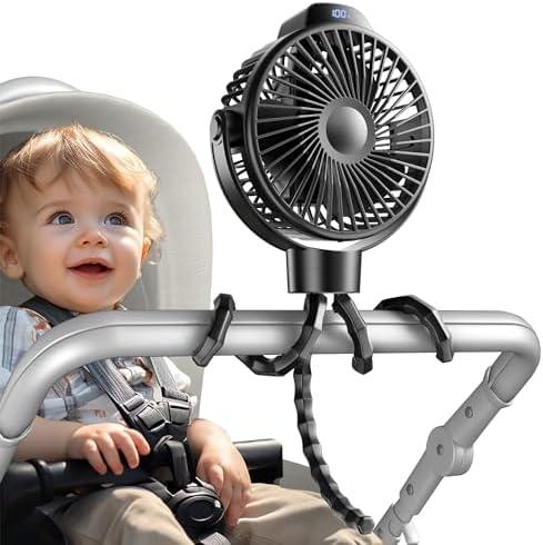 Koonie Portable Stroller Fan for Baby, Rechargeable Battery Operated, 3 Speeds, 360° Rotation, 25db Low Noise,Digital Display, Detachable Flexible Tripod Clip-on Car Seats, Tent, Crib, Treadmill
