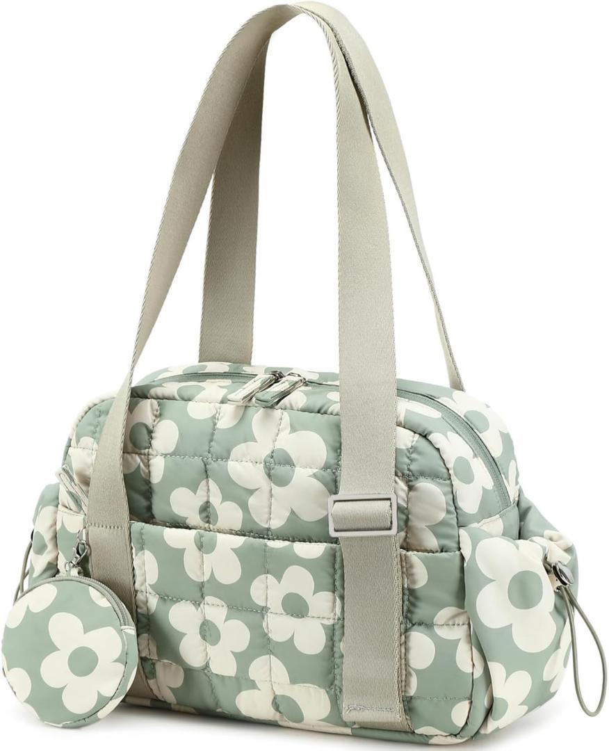 CAMTOP Mini Gym Bag for Women, Small Gym Tote Bag Puffy Quilted Sports Duffel Bag with Wet Compartment and Coin Purse Duffel Bags Dance Yoga Workout Bag for Gifts (Mini-12.6", Green Flower)