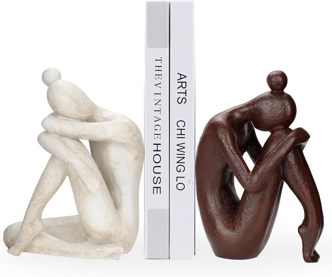 Decorative Bookends for Shelves, Unique Book Ends for Home Office Decor, Meditation Girl Statue Book Stopper for Bookshelf Decor, Modern Abstract Aesthetic Decoration White & Brown