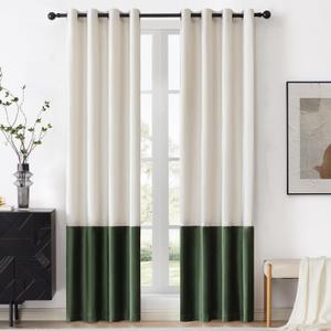 BULBUL Color Block Window Curtains Panels 108 inches Long Cream Ivory Green Velvet Farmhouse Drapes for Bedroom Living Room Darkening Treatment with Grommet Set of 2
