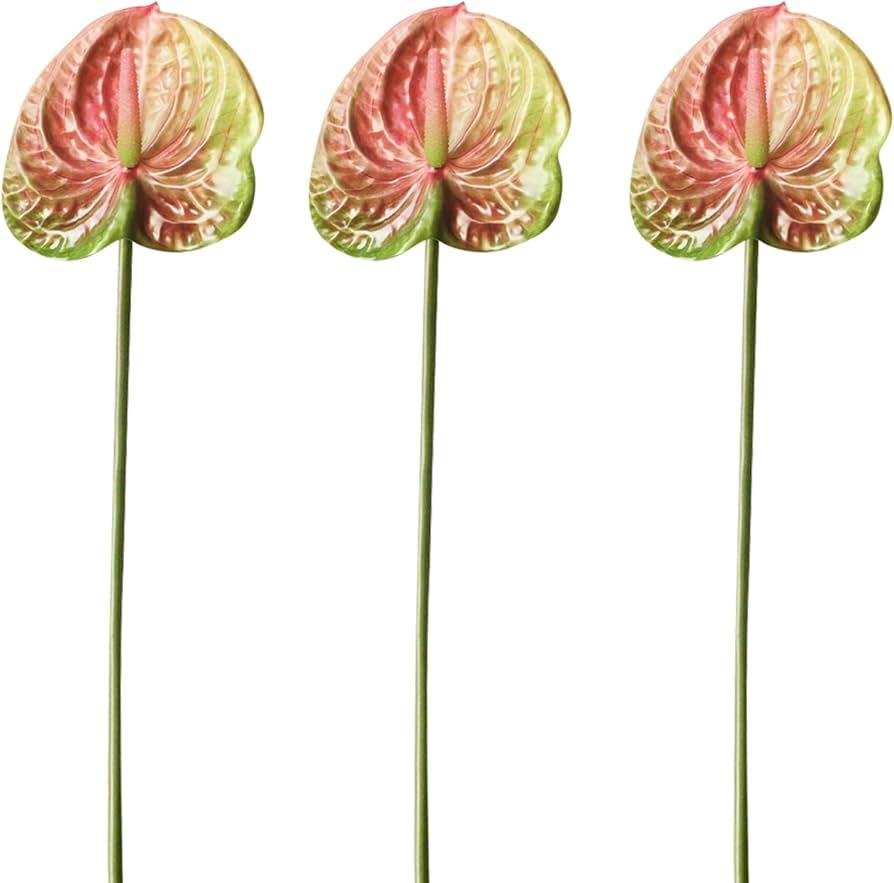 7pcs Artificial Anthurium Lily Flowers Fake Plastic Tropical Flowers for Vase Bouquets Home Office Wedding Decor(Green Pink)