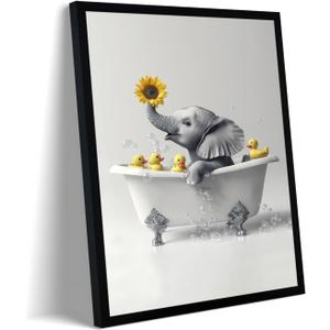 Ovczax Framed Funny Black And White Bathroom Wall Painting Elephant And Duck In Bathtub Cute Animals Kids Room Decor Canvas Print Decor 8" L x 10" WWith Black Wooden Frame