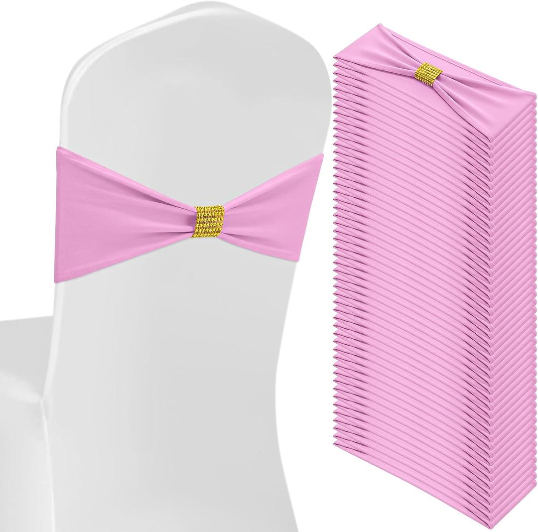 Moukeren 50 Pcs Spandex Chair Sashes with Buckles, Pink