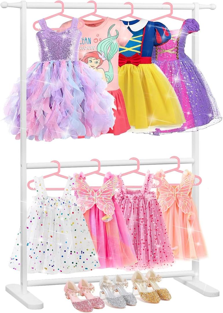 Bamboo Kids Clothing Rack with Dual Poles, Child Dress Up Rack, Clothing OrganizerRack, Small GarmentRack, Perfect for Costumes and Accessories (White)